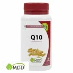 Flacon MGD Q10 60 gélules, gélules jaunes photographiées, bouchon rouge