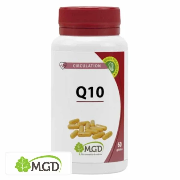 Flacon MGD Q10 60 gélules, gélules jaunes photographiées, bouchon rouge