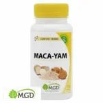 Flacon MGD Maca-Yam 120 gélules, racines et poudre beige, bouchon jaune