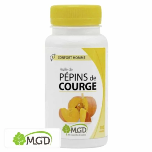 Flacon MGD Huile de Pépins de Courge 100 capsules, courge orange coupée