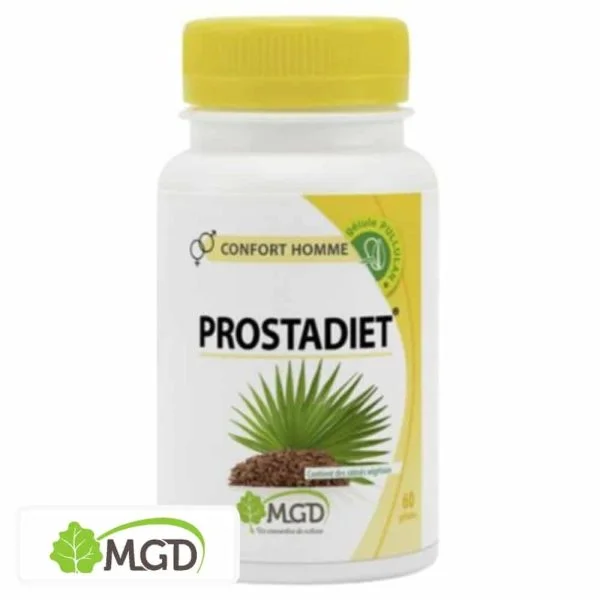Flacon blanc MGD Nature Prostadiet, bouchon jaune, feuille de palmier nain