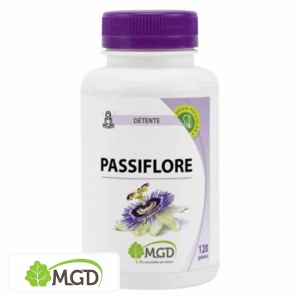 Flacon blanc MGD Nature Passiflore, bouchon violet, fleur de passiflore illustrée