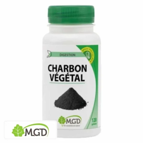 Flacon blanc MGD Nature Charbon Végétal, bouchon vert, poudre noire illustrée