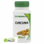 Flacon blanc MGD Nature Curcuma, bouchon vert, rhizomes de curcuma illustrés