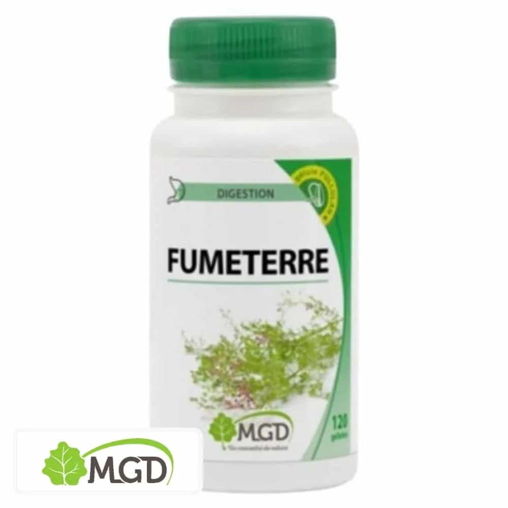 mgd-nature-digestion-fumeterre-120-gelules.jpg Flacon blanc MGD Nature Fumeterre, bouchon vert, plante fleurie illustrée