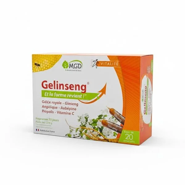 Boîte orange MGD Nature Gelinseng, 20 ampoules buvables, ginseng et fleurs