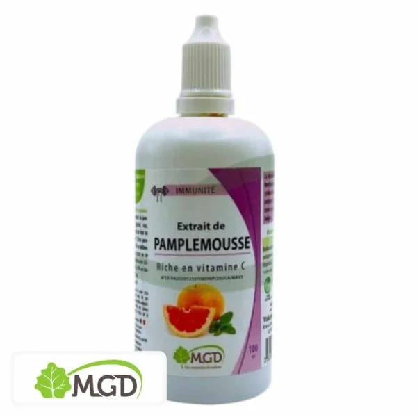 Flacon blanc compte-gouttes MGD Nature Extrait de Pamplemousse 100 ml, étiquette rose