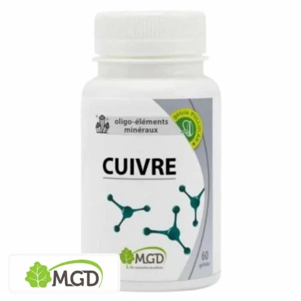 Flacon blanc MGD Cuivre oligo-éléments minéraux 60 gélules bouchon blanc