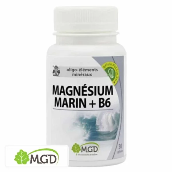 Flacon blanc MGD Magnésium marin B6 30 gélules illustration vague