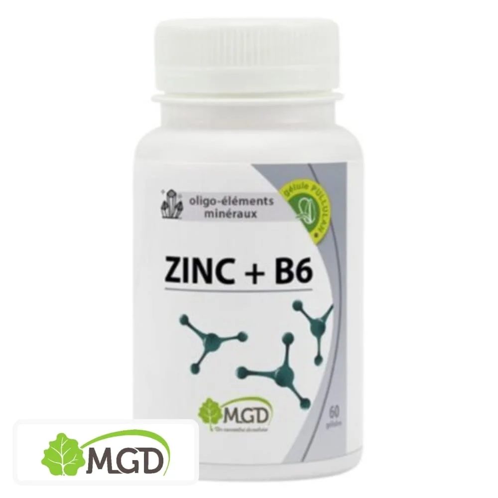 mgd-nature-oligo-elements-mineraux-zinc-et-b6-60-gelules.jpg Flacon blanc MGD Zinc et B6, bouchon blanc, molécules stylisées vert foncé