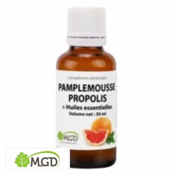Flacon verre ambré MGD Pamplemousse Propolis huiles essentielles 30 ml