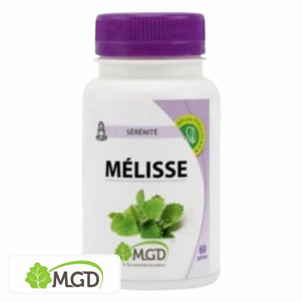 mgd-nature-serenite-melisse-60-gelules.jpg Flacon blanc MGD Sérénité Mélisse 60 gélules bouchon violet feuilles