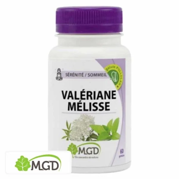 Flacon blanc MGD Valériane Mélisse 60 gélules bouchon violet plantes