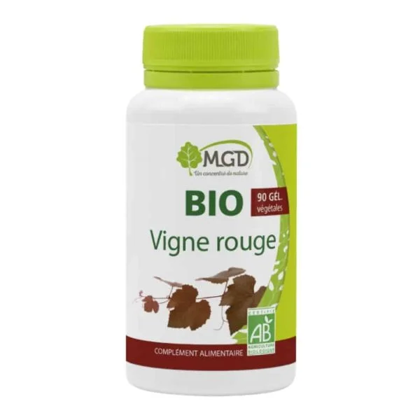 Flacon MGD Nature Bio Vigne rouge 90 gélules végétales, feuilles illustrées
