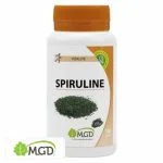 Flacon MGD Nature Spiruline Vitalité 100 gélules, poudre verte illustrée