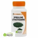 Flacon blanc MGD Spiruline Lithothamne, bouchon orange, paillettes et comprimés verts