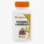 Flacon blanc MGD Vitamines et Minéraux, bouchon orange, algue rouge et bambou