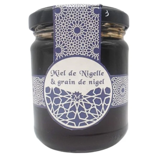 Pot en verre Mielii miel de nigelle étiquette bleu marine 240 g