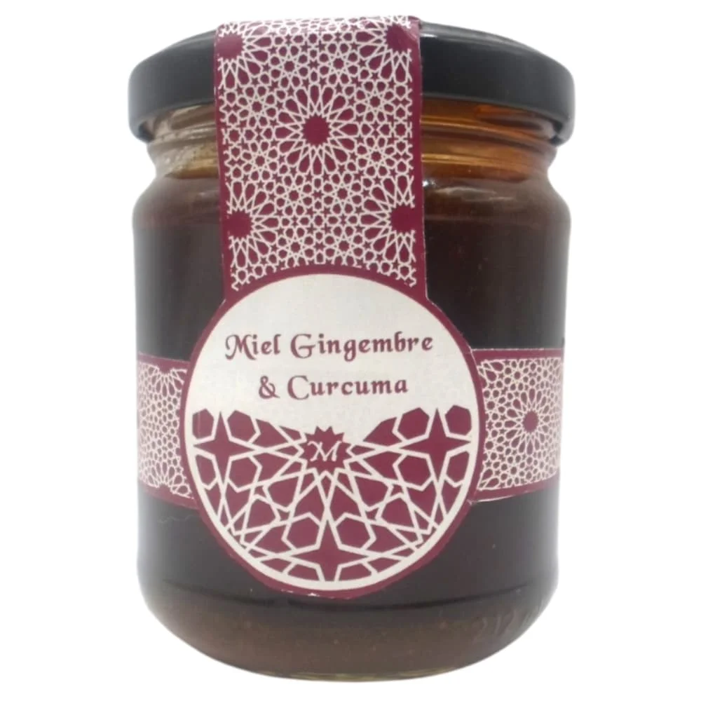 mielii-miel-gingembre-curcuma-240g.jpg Pot en verre Mielii miel gingembre et curcuma, étiquette bordeaux zellige