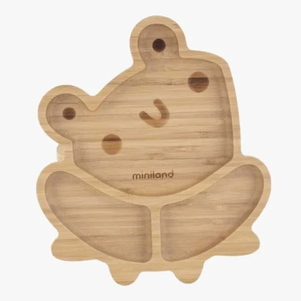 Assiette en bambou Miniland en forme de grenouille avec compartiments, logo gravé
