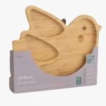 Assiette en bambou Miniland en forme d'oiseau dans son étui violet