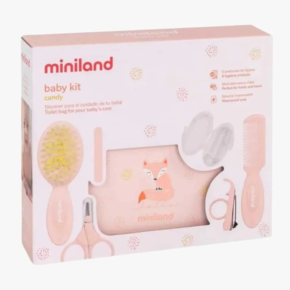 miniland-baby-kit-candy-1u.jpg Étui rose Miniland Baby Kit Candy avec brosse, peigne, ciseaux et trousse renard