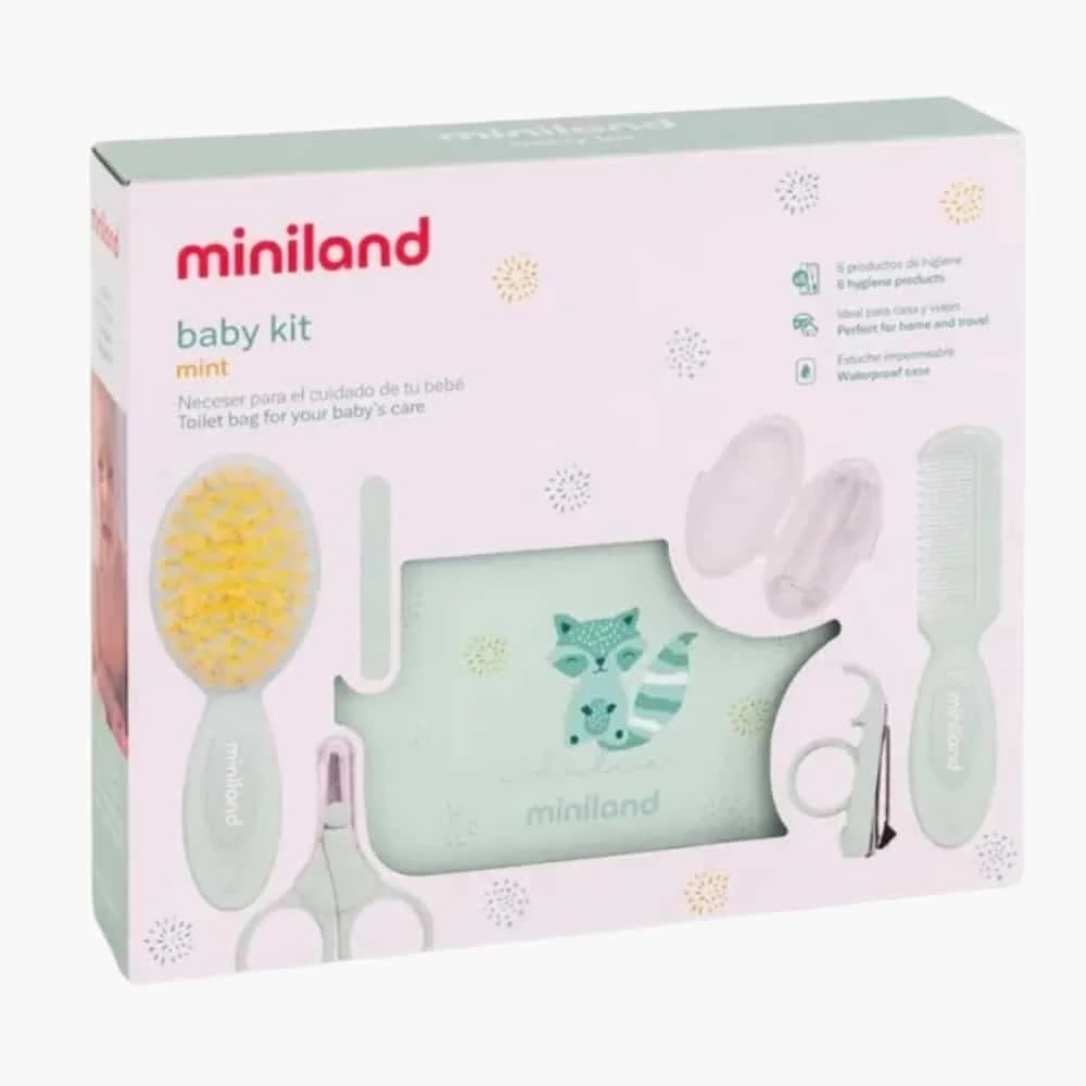 miniland-baby-kit-mint-1u.jpg Étui vert menthe Miniland Baby Kit Mint avec brosse, peigne et trousse raton laveur