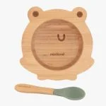 Bol en bambou Miniland en forme de grenouille et cuillère à embout vert