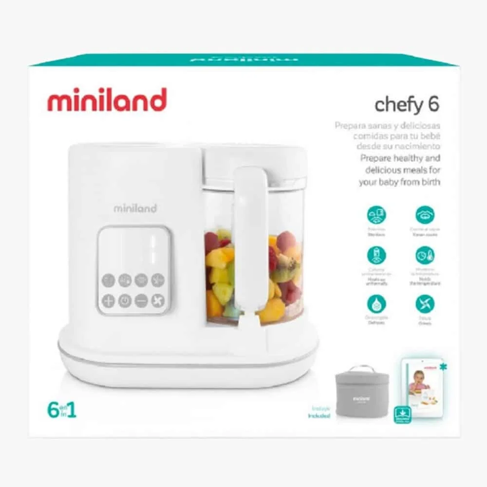 miniland-chefy-6-robot-cuiseur-6en1-1u.jpg Boîte Miniland Chefy 6 avec robot blanc, bol transparent rempli de fruits