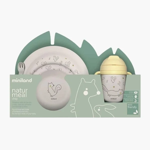 Coffret Miniland Naturmeal avec assiette, bol, tasse à bec, motif écureuil