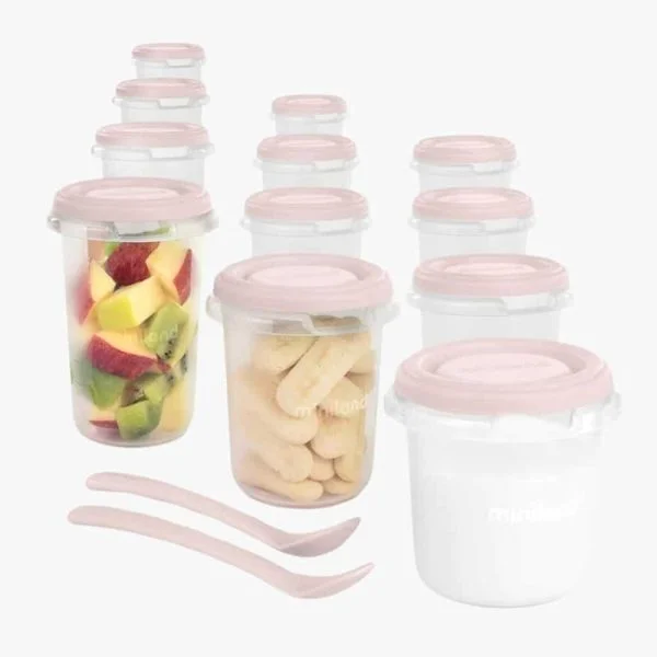 Douze pots gradués Miniland Candy rose poudré et deux cuillères souples