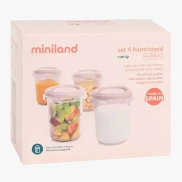 Boîte rose Miniland set 4 pots hermétiques gradués Candy 250 ml