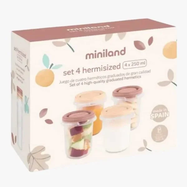 Boîte Miniland set 4 pots hermétiques gradués Valencia 250 ml, motifs fruits