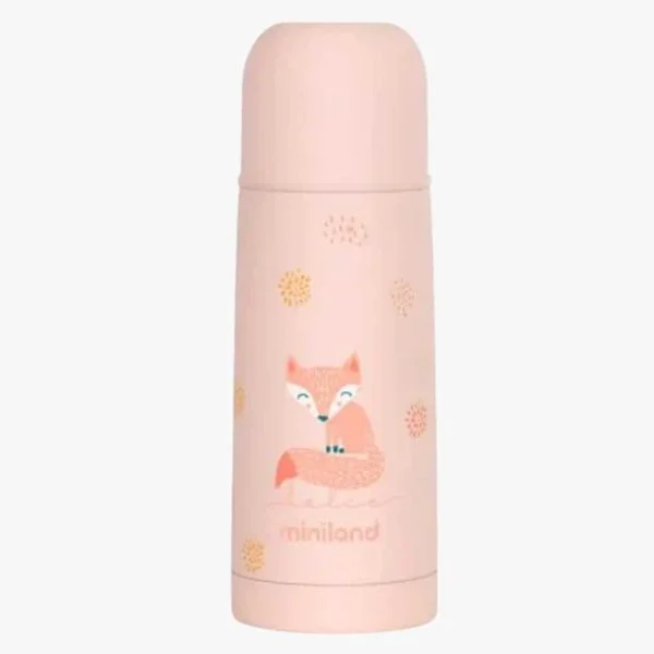 Bouteille isotherme Miniland rose poudré, motif renard, bouchon en dôme