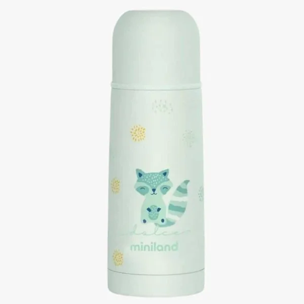 Bouteille isotherme Miniland vert menthe, motif raton laveur, bouchon dôme