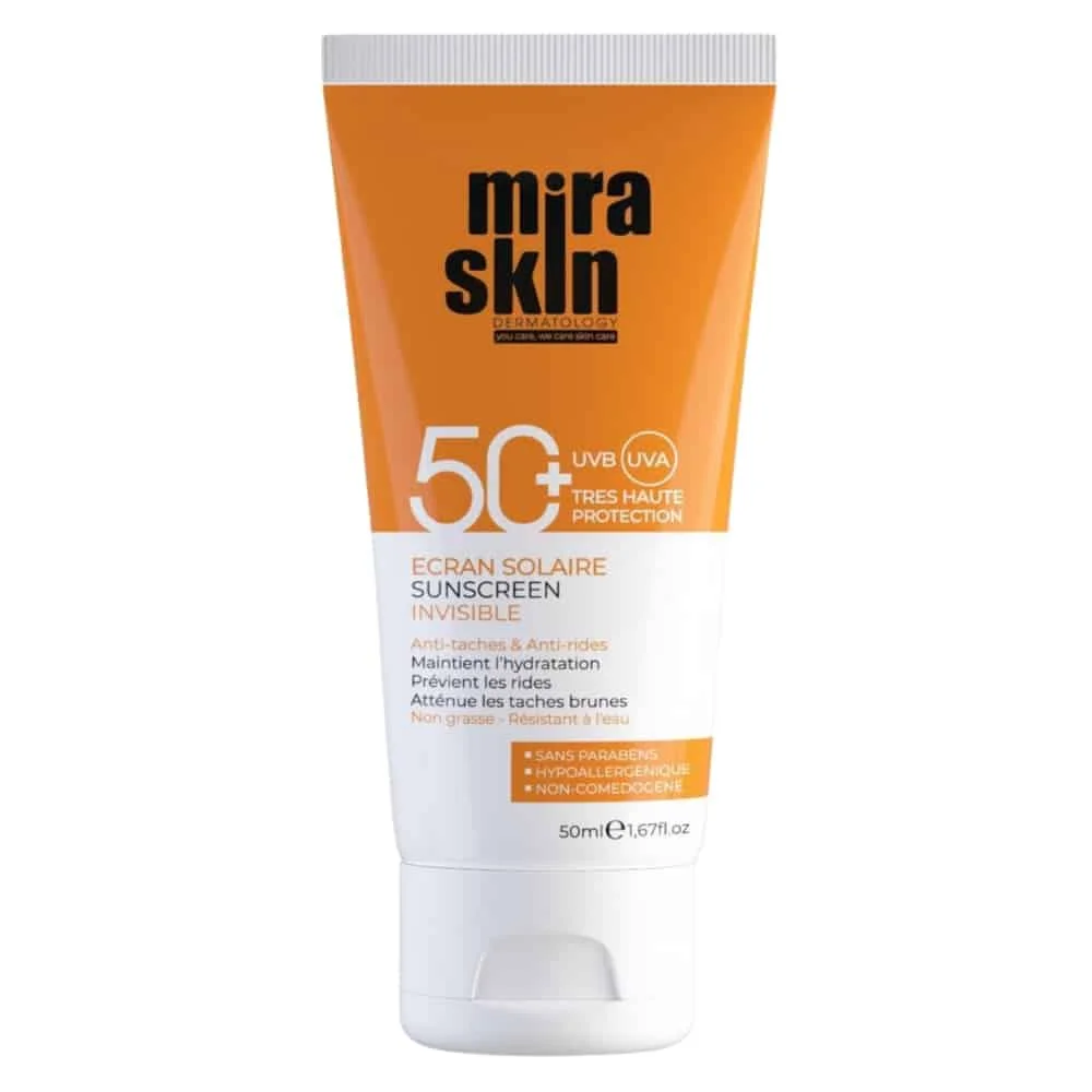 miraskin-ecran-solaire-anti-taches-et-anti-rides-spf50-50ml.jpg Tube orange Miraskin écran solaire invisible SPF 50+ visage 50 ml