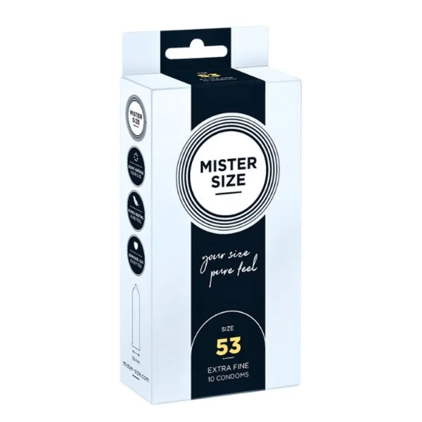 Étui blanc et noir Mister Size taille 53 extra fine, 10 préservatifs
