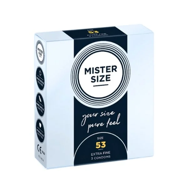 Étui blanc et noir Mister Size taille 53 extra fine, 3 préservatifs