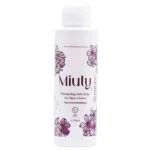 Flacon blanc Miuty shampoing anti-chute 380 ml, décor floral mauve