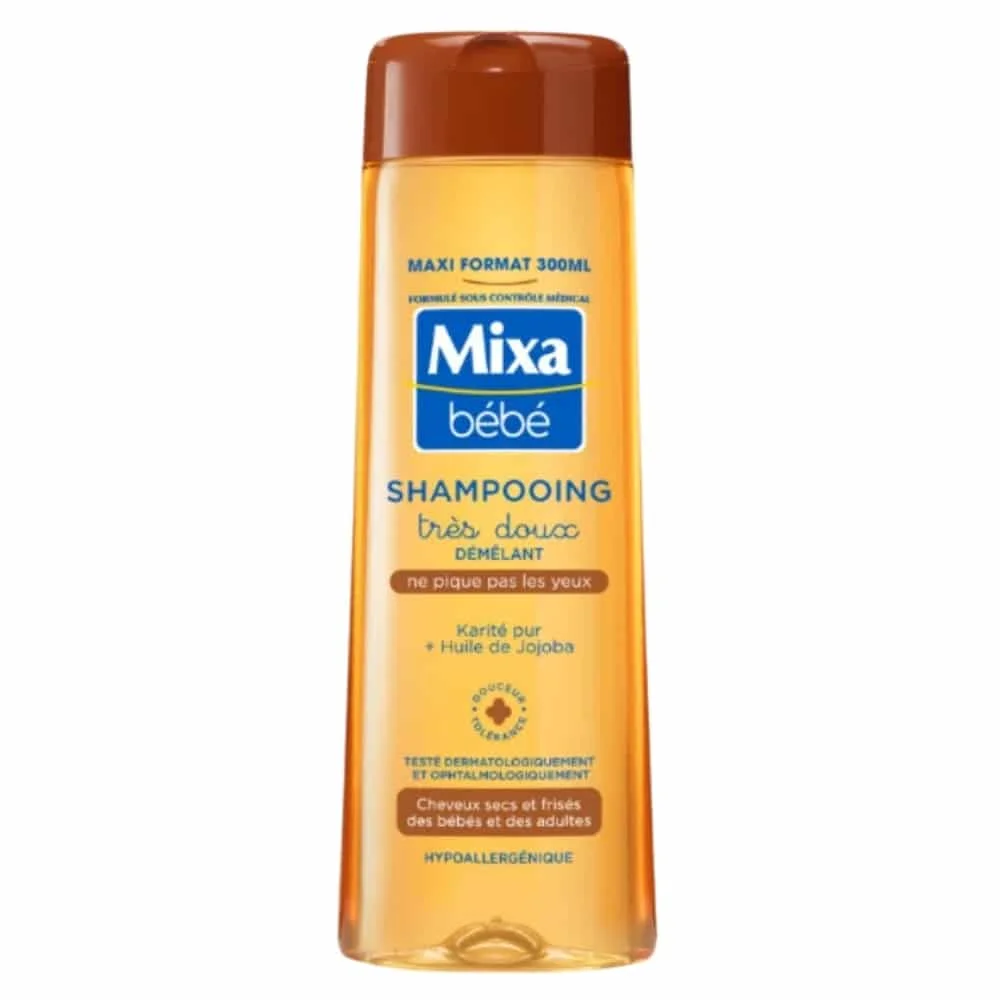 mixa-shampooing-demelant-tres-doux-karite-300ml.jpg Flacon ambré Mixa bébé shampooing démêlant karité et jojoba 300 ml