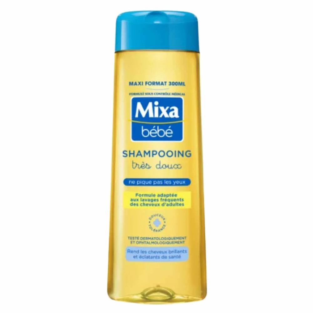 mixa-shampooing-tres-doux-300ml.jpg Flacon jaune Mixa bébé shampooing très doux 300 ml, bouchon bleu