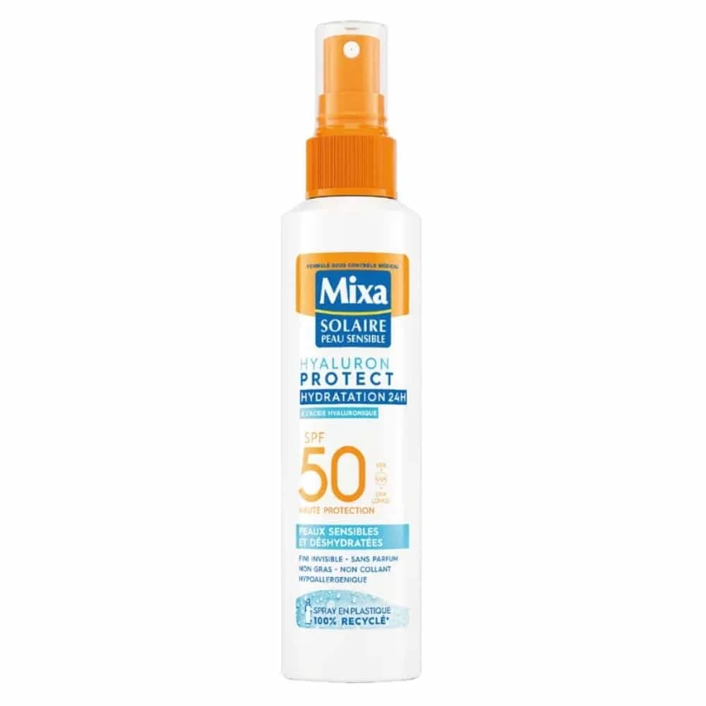 mixa-solaire-spray-hyaluron-protect-spf50-150ml.jpg Spray solaire Mixa Solaire Hyaluron Protect SPF 50, flacon blanc orange