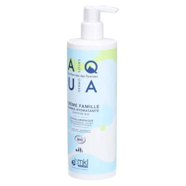 Flacon pompe bleu MKL Aqua crème famille dermo-hydratante bio 400ml