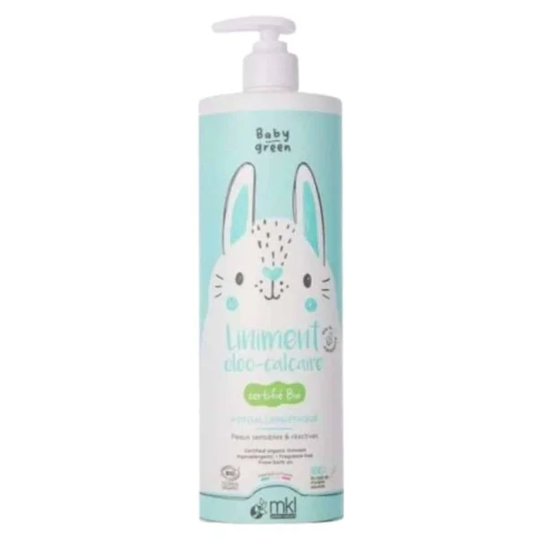 Flacon pompe blanc et vert d'eau Baby Green liniment oléo-calcaire bio, motif lapin