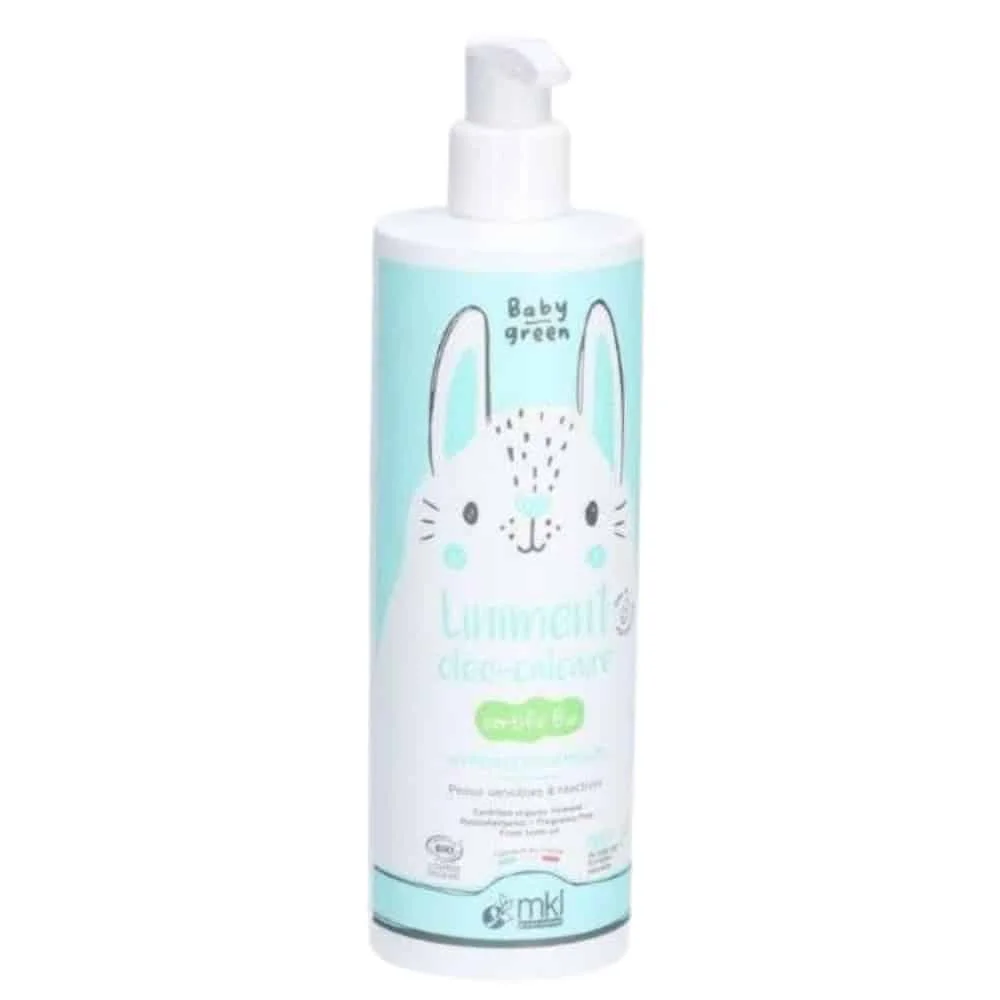 mkl-baby-green-liniment-bio-900ml.jpg Grand flacon pompe vert d'eau Baby Green liniment oléo-calcaire bio certifié, illustration lapin