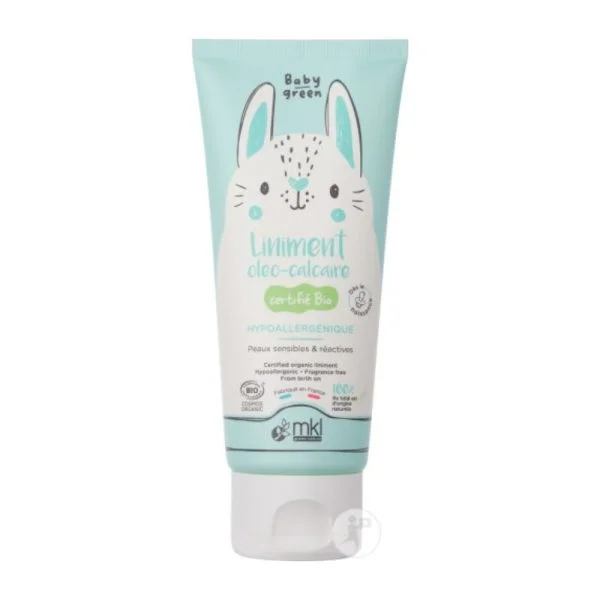 Tube vert d'eau Baby Green liniment oléo-calcaire bio hypoallergénique, dessin de lapin