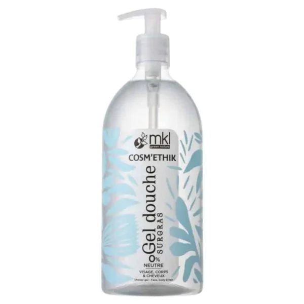 Flacon pompe transparent d'un litre gel douche surgras Cosm'ethik neutre, motif bleu