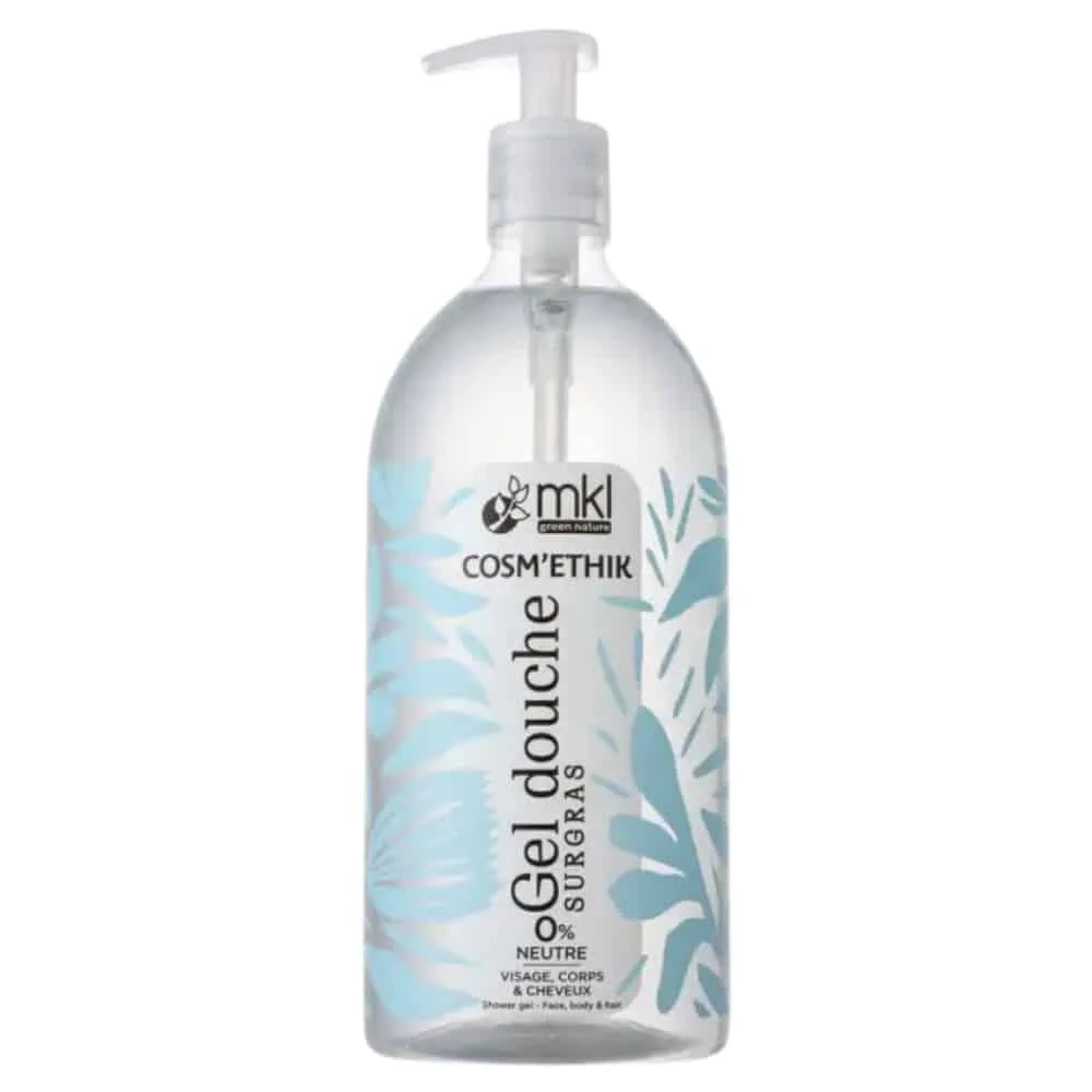 mkl-cosmethik-gel-douche-0-naturel-bio-1l.jpg Flacon pompe transparent d'un litre gel douche surgras Cosm'ethik neutre, motif bleu