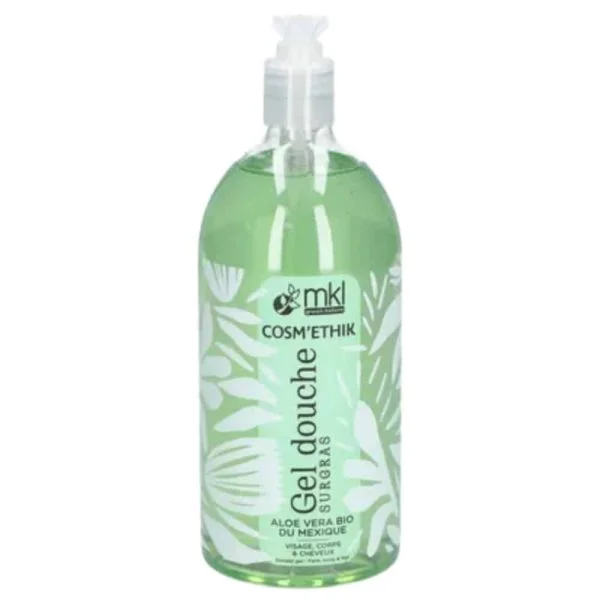 Flacon pompe d'un litre gel douche surgras Cosm'ethik aloe vera, gel vert translucide