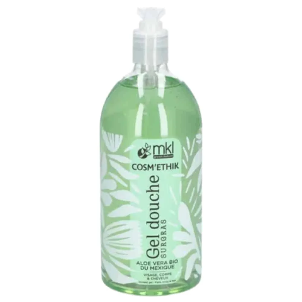 mkl-cosmethik-gel-douche-aloe-vera-bio-1l.jpg Flacon pompe d'un litre gel douche surgras Cosm'ethik aloe vera, gel vert translucide